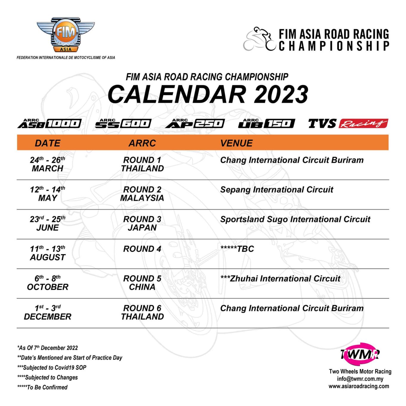 2023 FIM ASIA ROAD RACING CHAMPIONSHIP CALENDAR Idemitsu FIM Asia